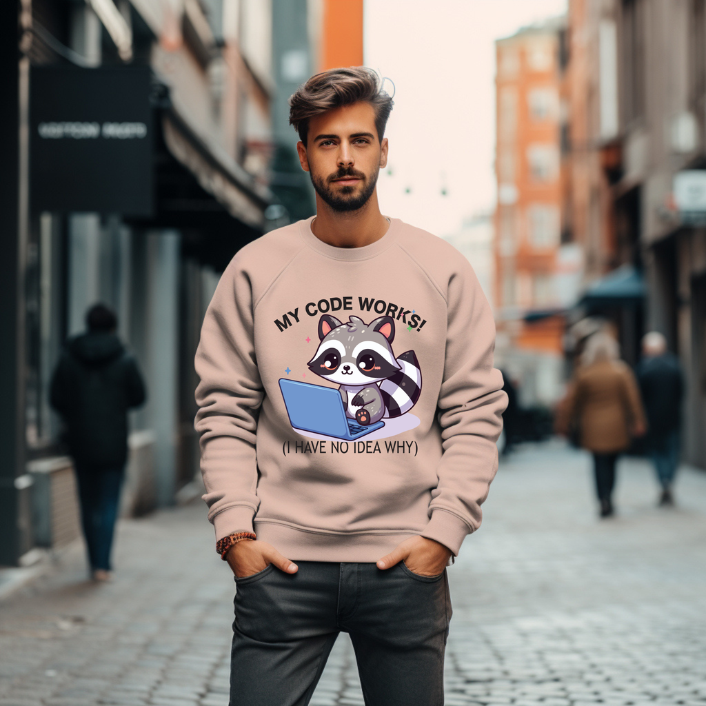 Programmer Raccoon Sweatshirt – “My Code Works! (I Have No Idea Why)” Crewneck