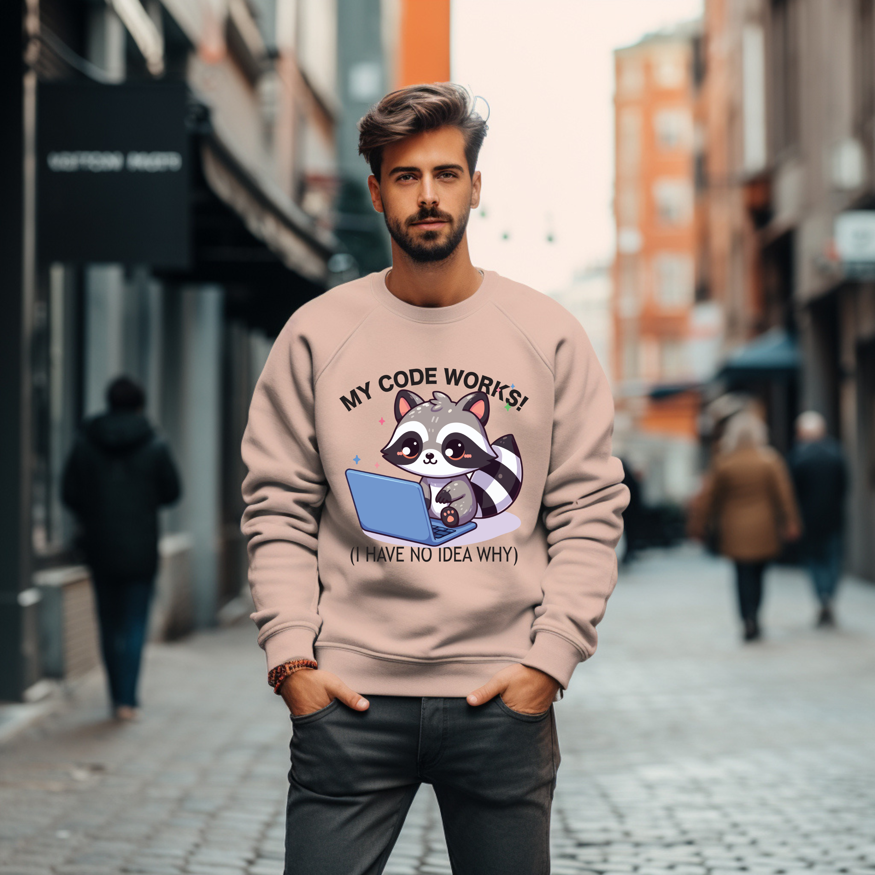Programmer Raccoon Sweatshirt – “My Code Works! (I Have No Idea Why)” Crewneck