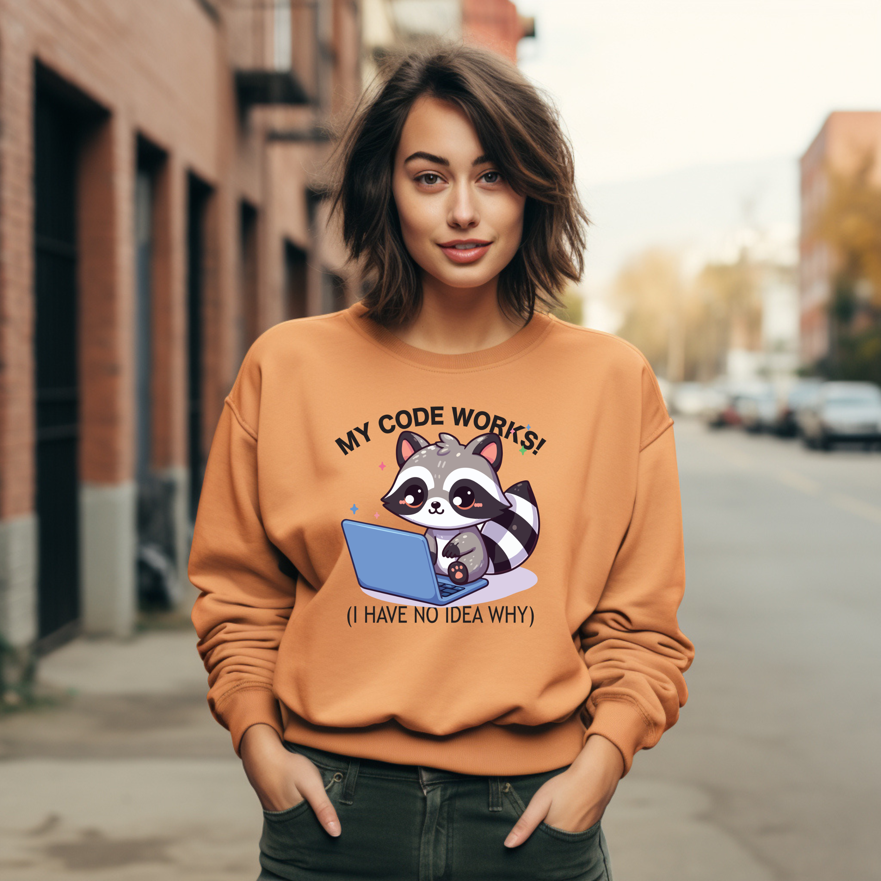 Programmer Raccoon Sweatshirt – “My Code Works! (I Have No Idea Why)” Crewneck