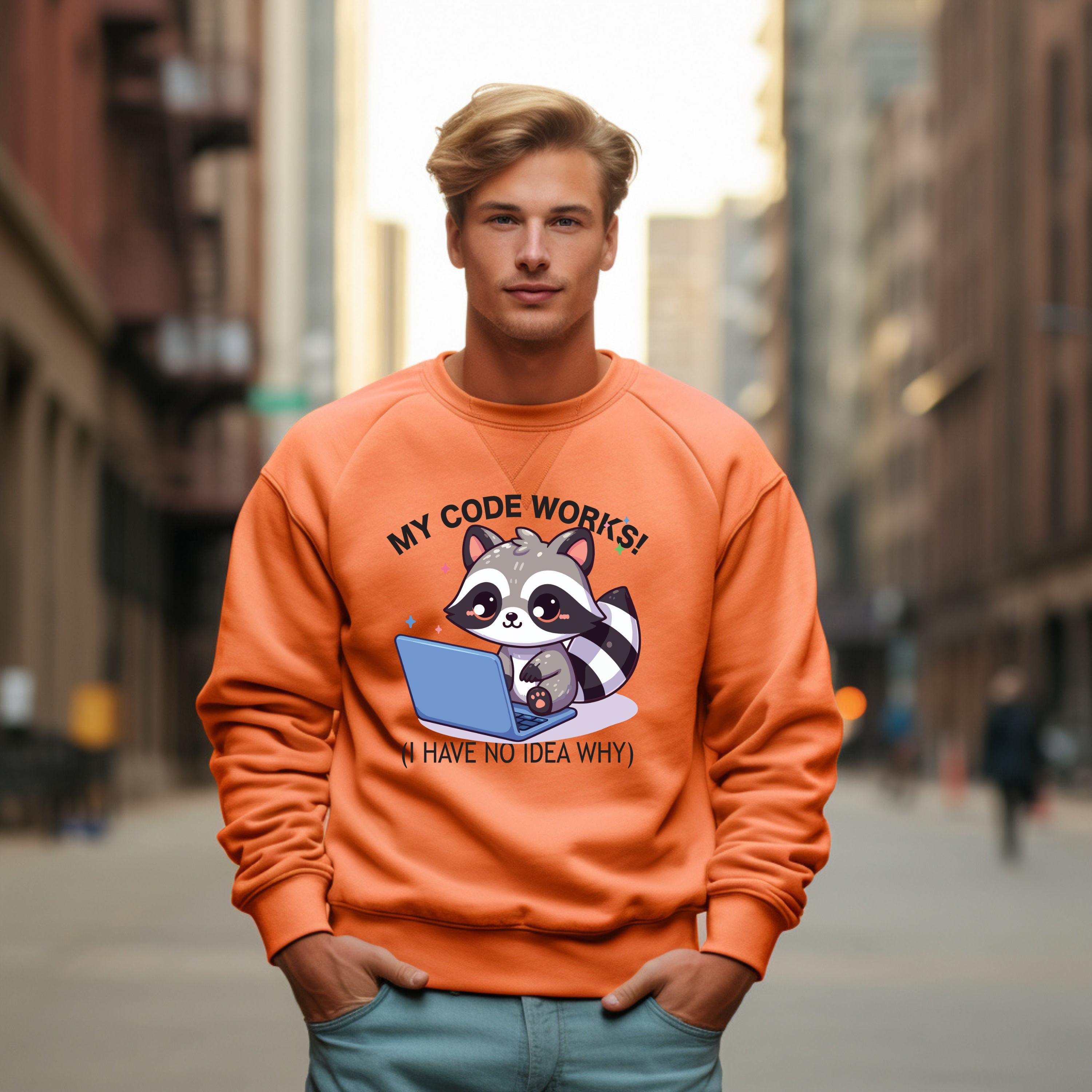 Programmer Raccoon Sweatshirt – “My Code Works! (I Have No Idea Why)” Crewneck