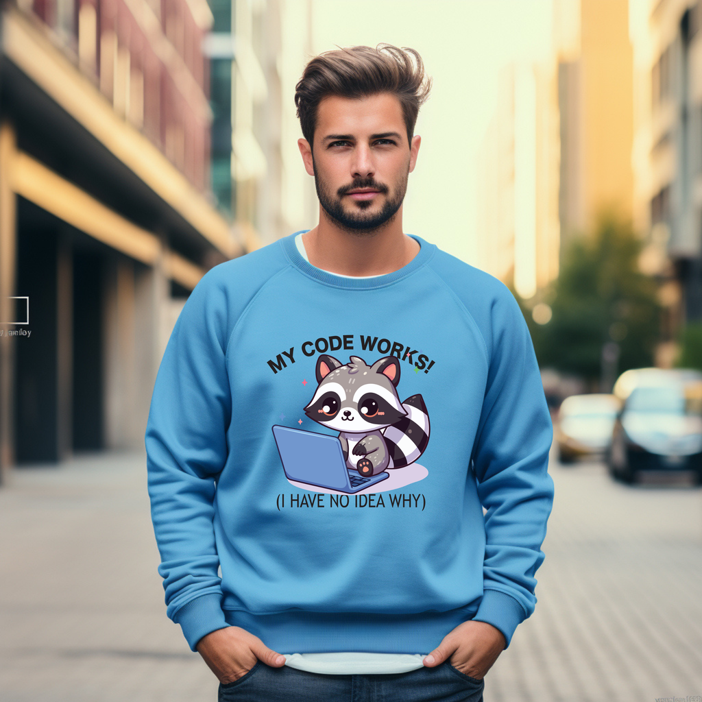 Programmer Raccoon Sweatshirt – “My Code Works! (I Have No Idea Why)” Crewneck
