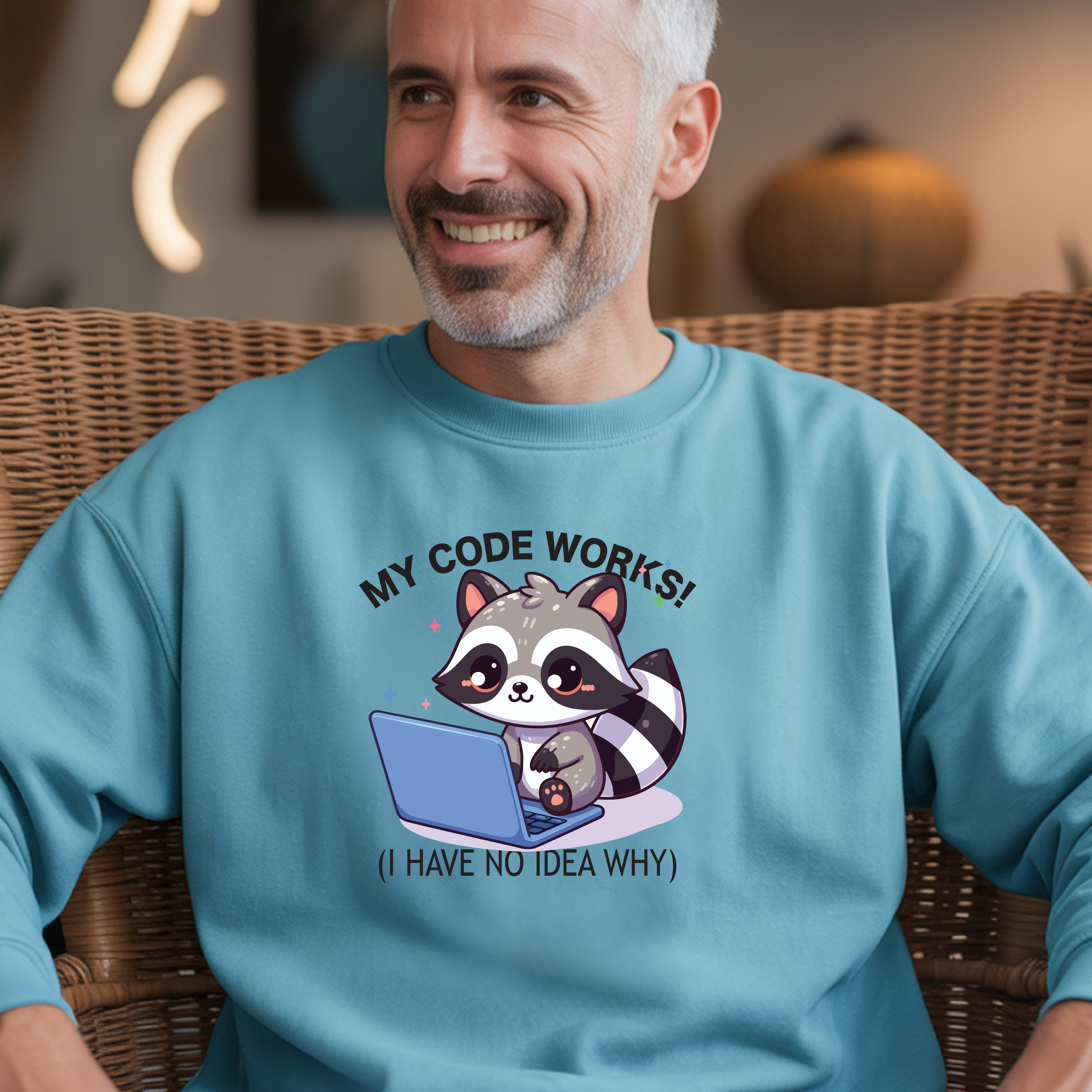 Programmer Raccoon Sweatshirt – “My Code Works! (I Have No Idea Why)” Crewneck