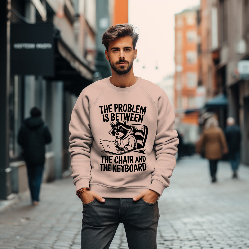 Sweatshirt — "The Problem Is Between The Chair and The Keyboard" Raccoon Laptop Crewneck