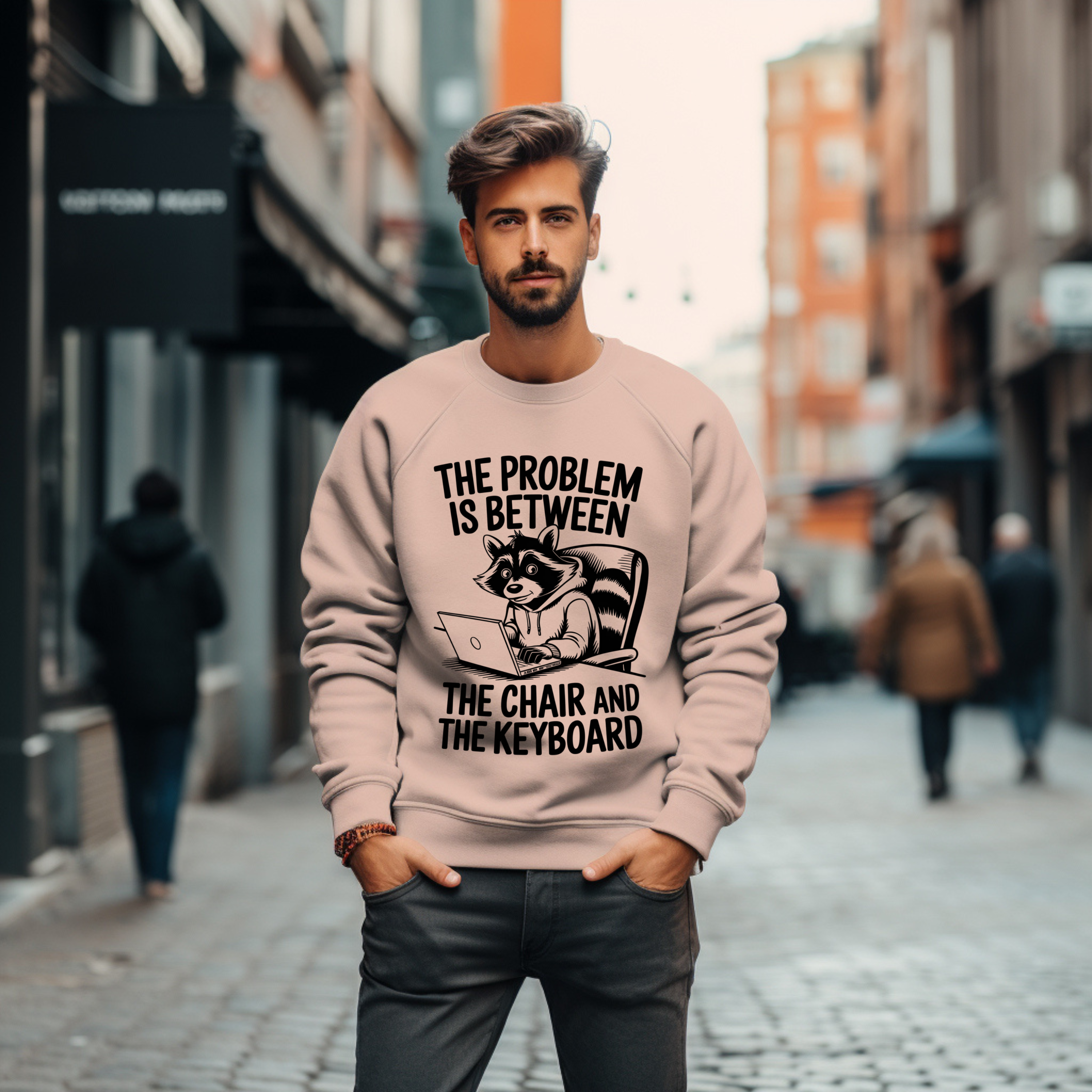 Sweatshirt — "The Problem Is Between The Chair and The Keyboard" Raccoon Laptop Crewneck