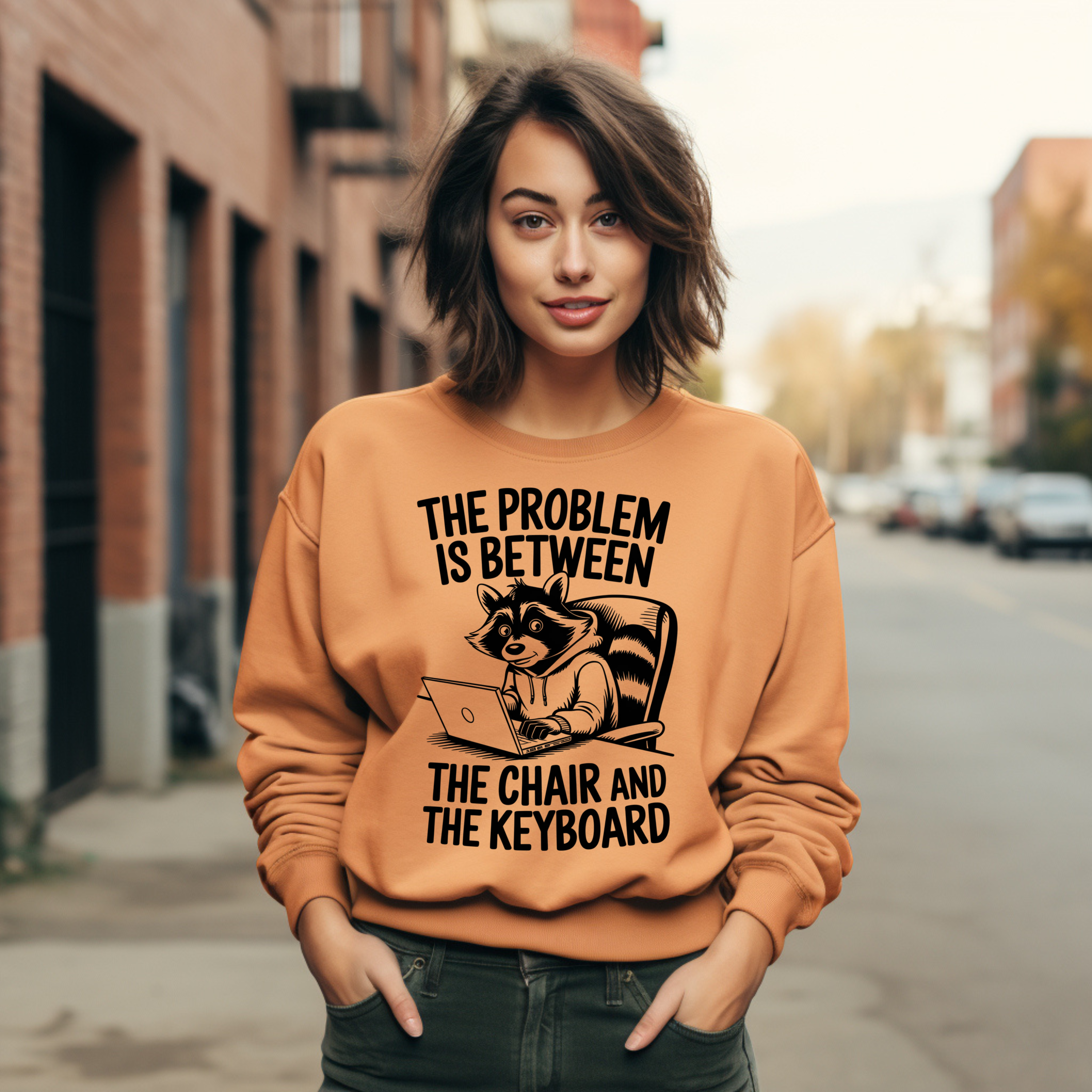 Sweatshirt — "The Problem Is Between The Chair and The Keyboard" Raccoon Laptop Crewneck