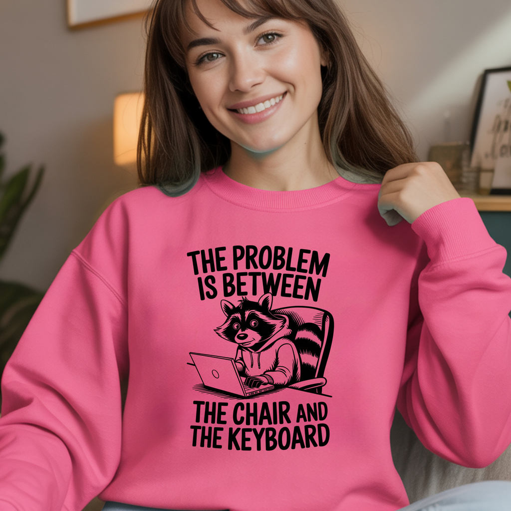 Sweatshirt — "The Problem Is Between The Chair and The Keyboard" Raccoon Laptop Crewneck