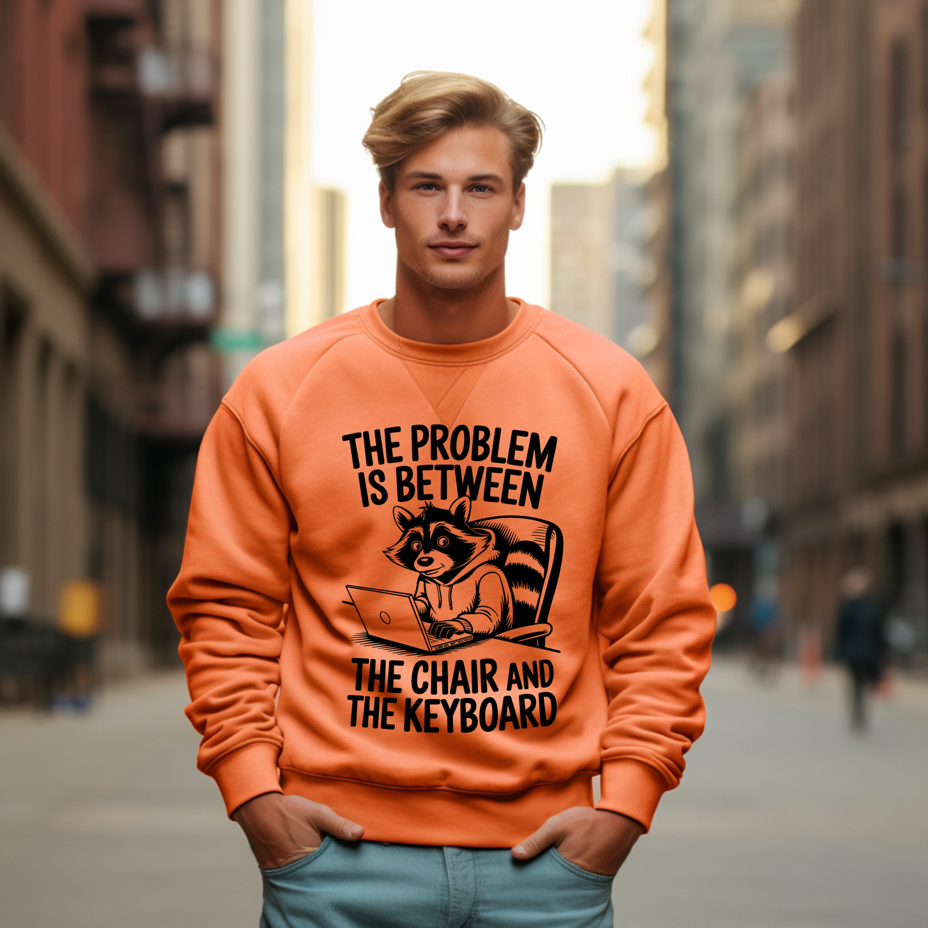 Sweatshirt — "The Problem Is Between The Chair and The Keyboard" Raccoon Laptop Crewneck