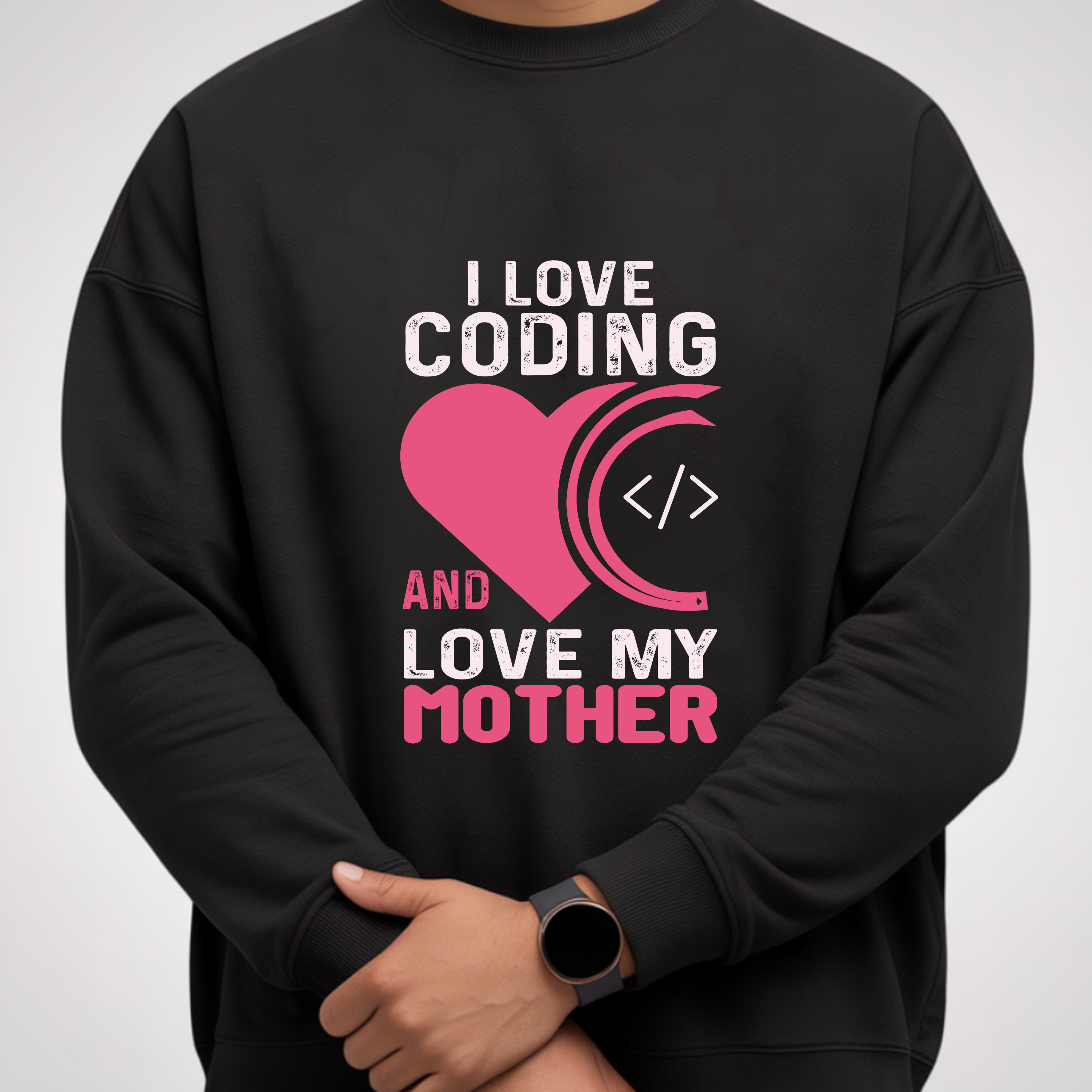 Crewneck Sweatshirt - I Love Coding and My Mother (Pink Heart Design)