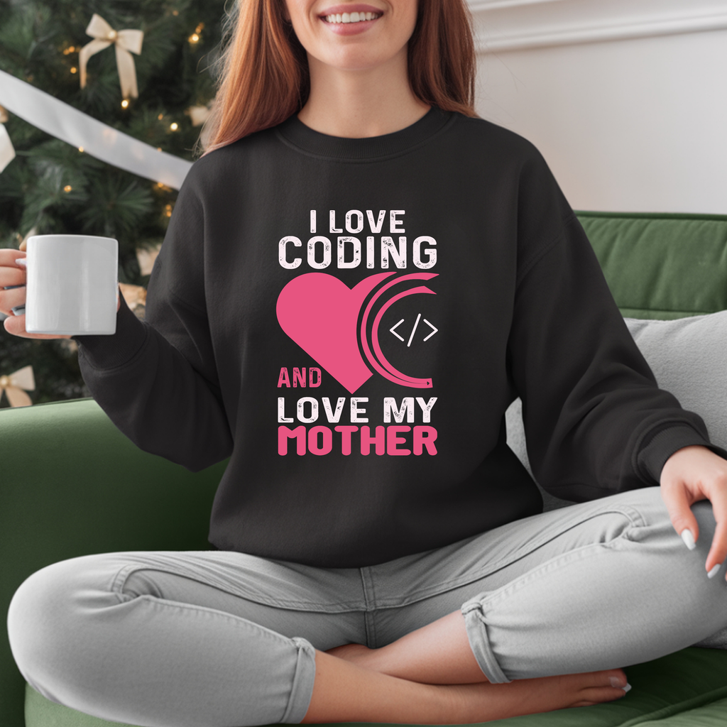 Crewneck Sweatshirt - I Love Coding and My Mother (Pink Heart Design)