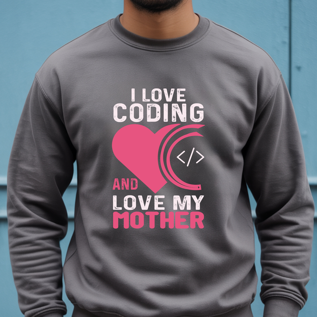 Crewneck Sweatshirt - I Love Coding and My Mother (Pink Heart Design)