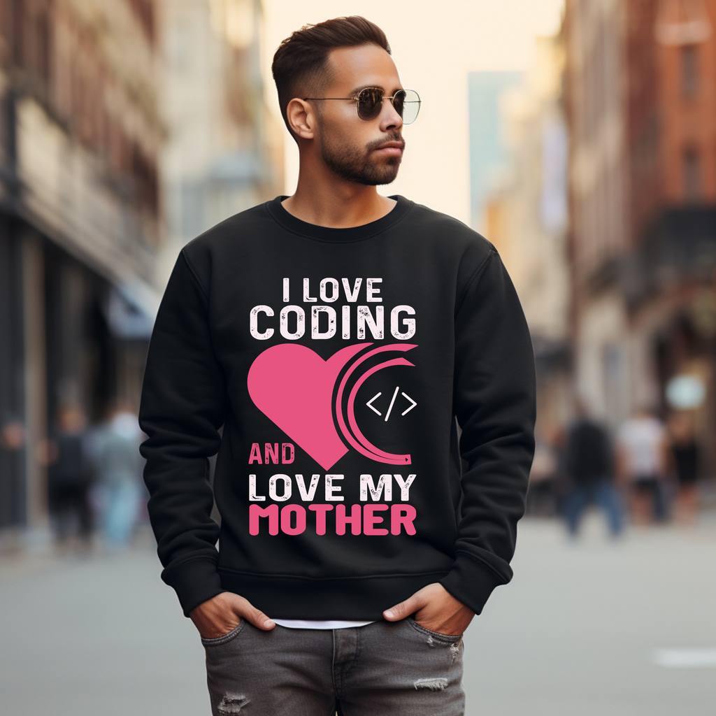 Crewneck Sweatshirt - I Love Coding and My Mother (Pink Heart Design)
