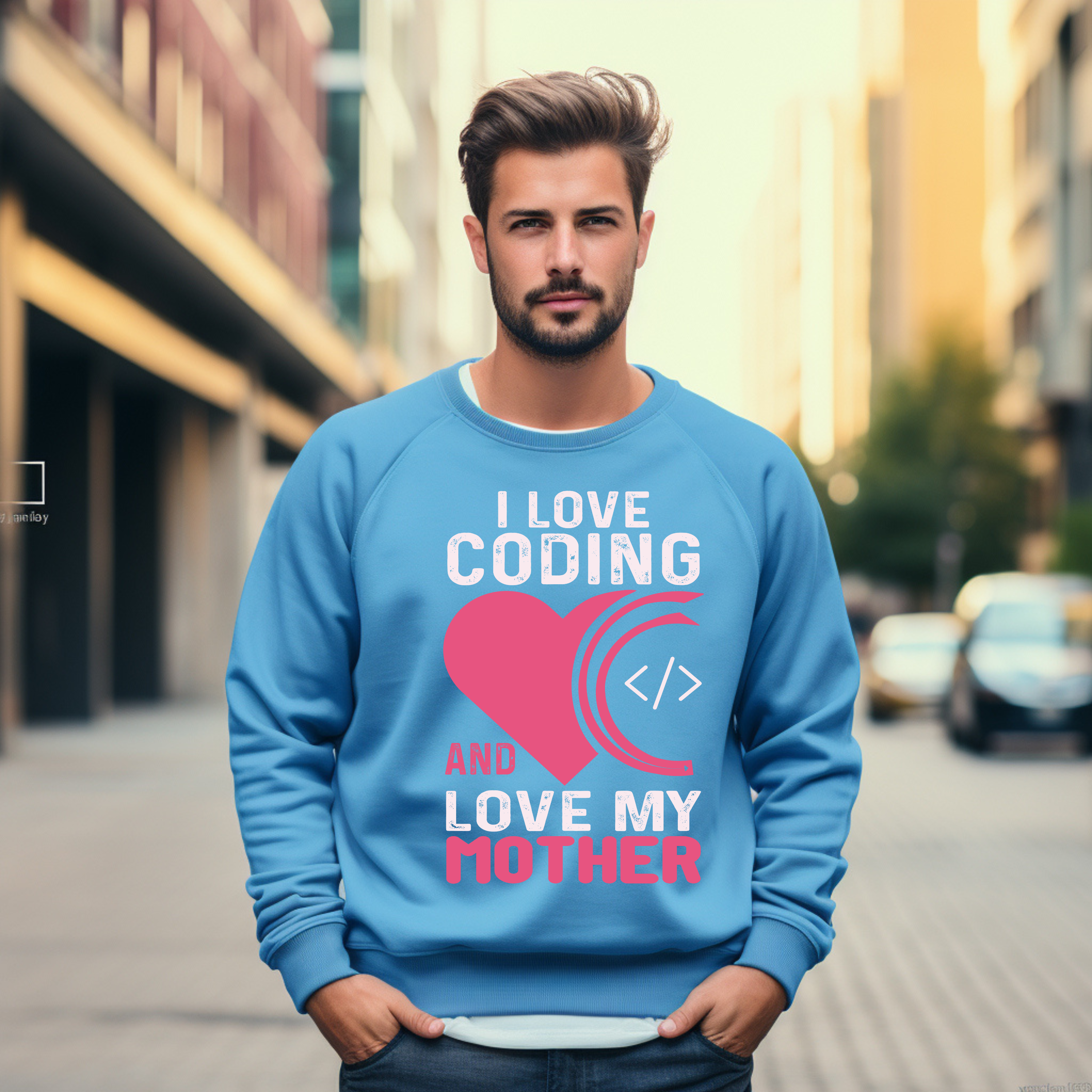 Crewneck Sweatshirt - I Love Coding and My Mother (Pink Heart Design)