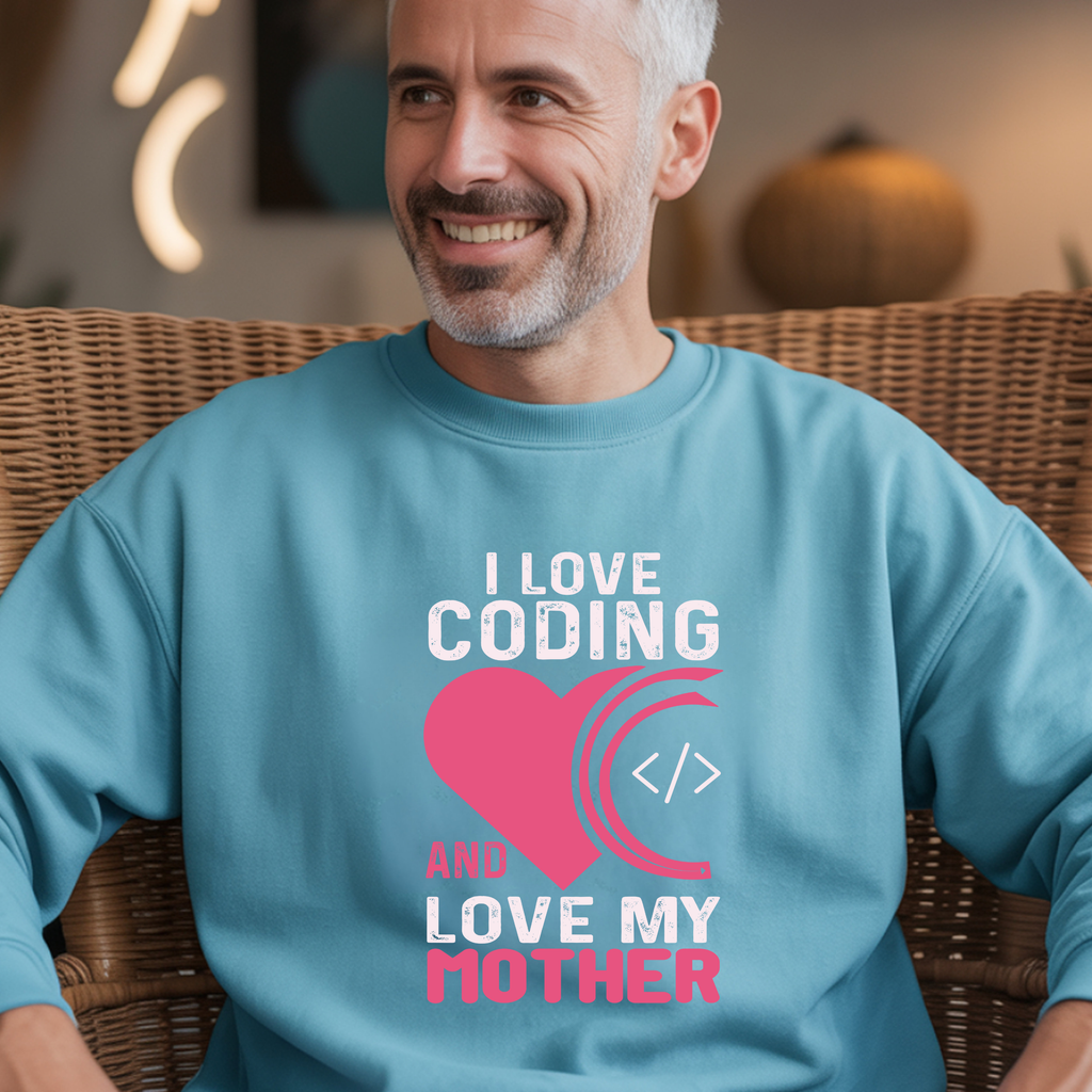 Crewneck Sweatshirt - I Love Coding and My Mother (Pink Heart Design)