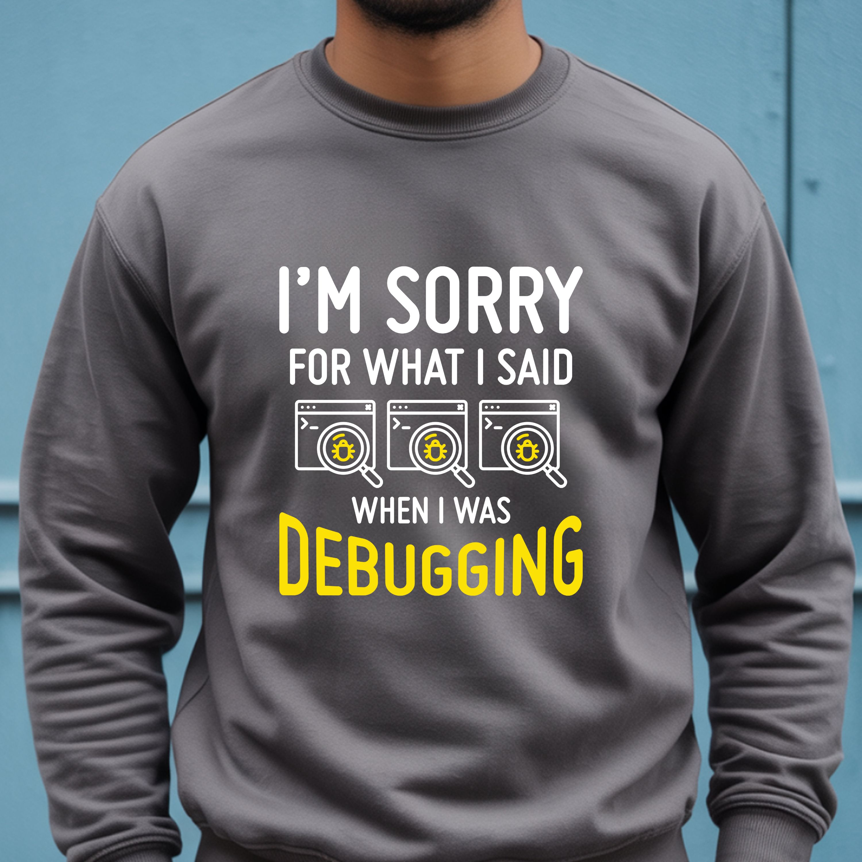 Debugging Crewneck Sweatshirt — Funny Programmer Sweatshirt with Yellow Code Icons