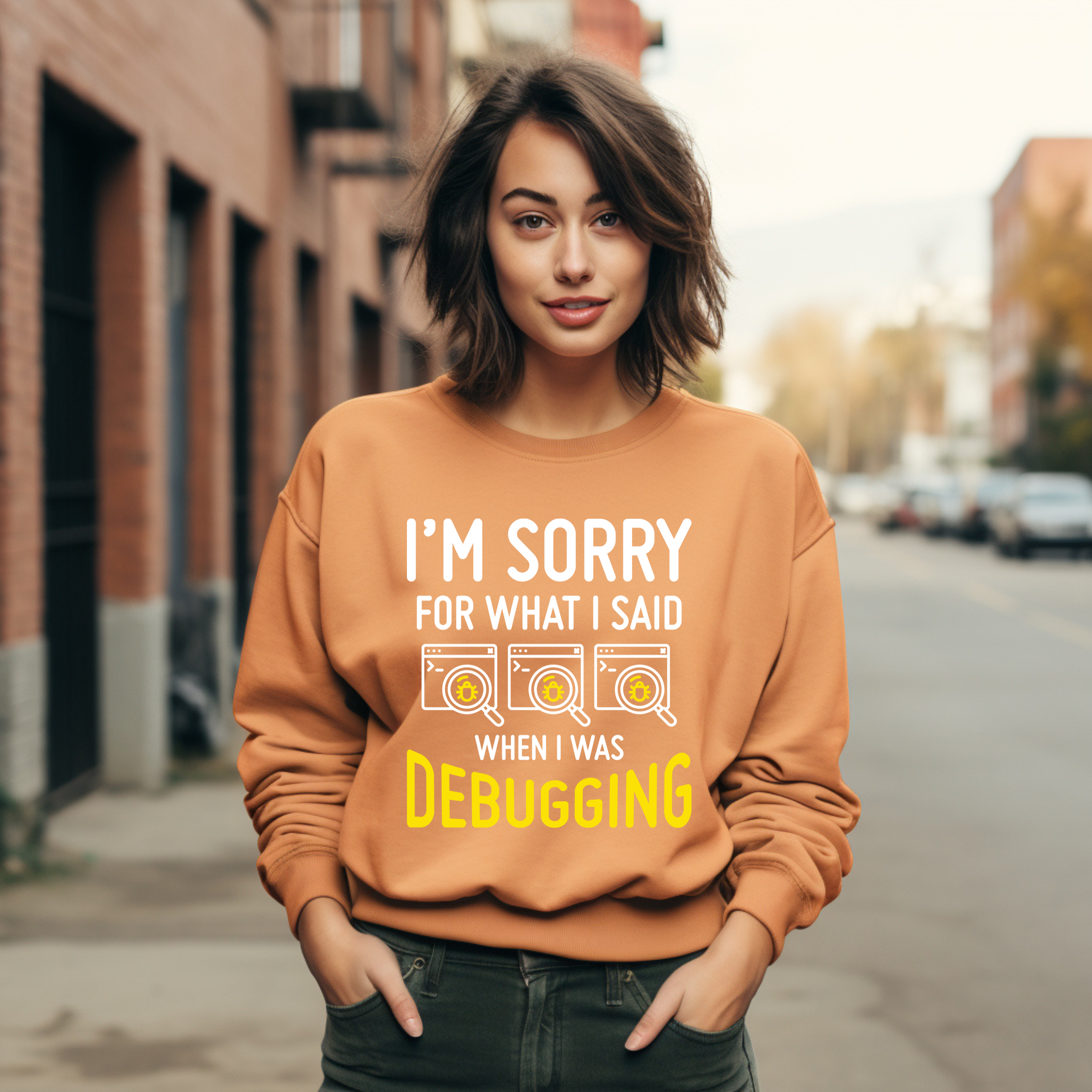 Debugging Crewneck Sweatshirt — Funny Programmer Sweatshirt with Yellow Code Icons