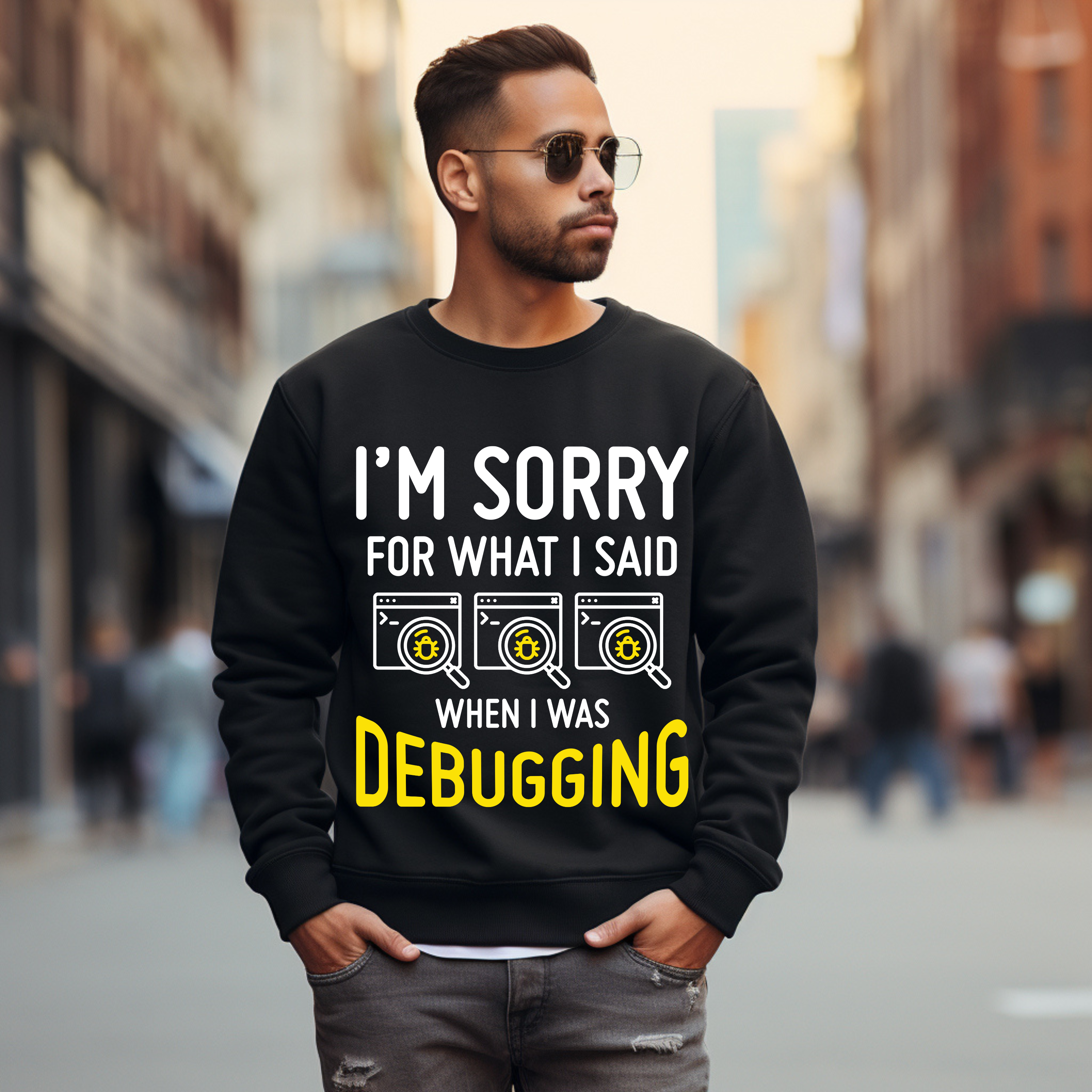 Debugging Crewneck Sweatshirt — Funny Programmer Sweatshirt with Yellow Code Icons