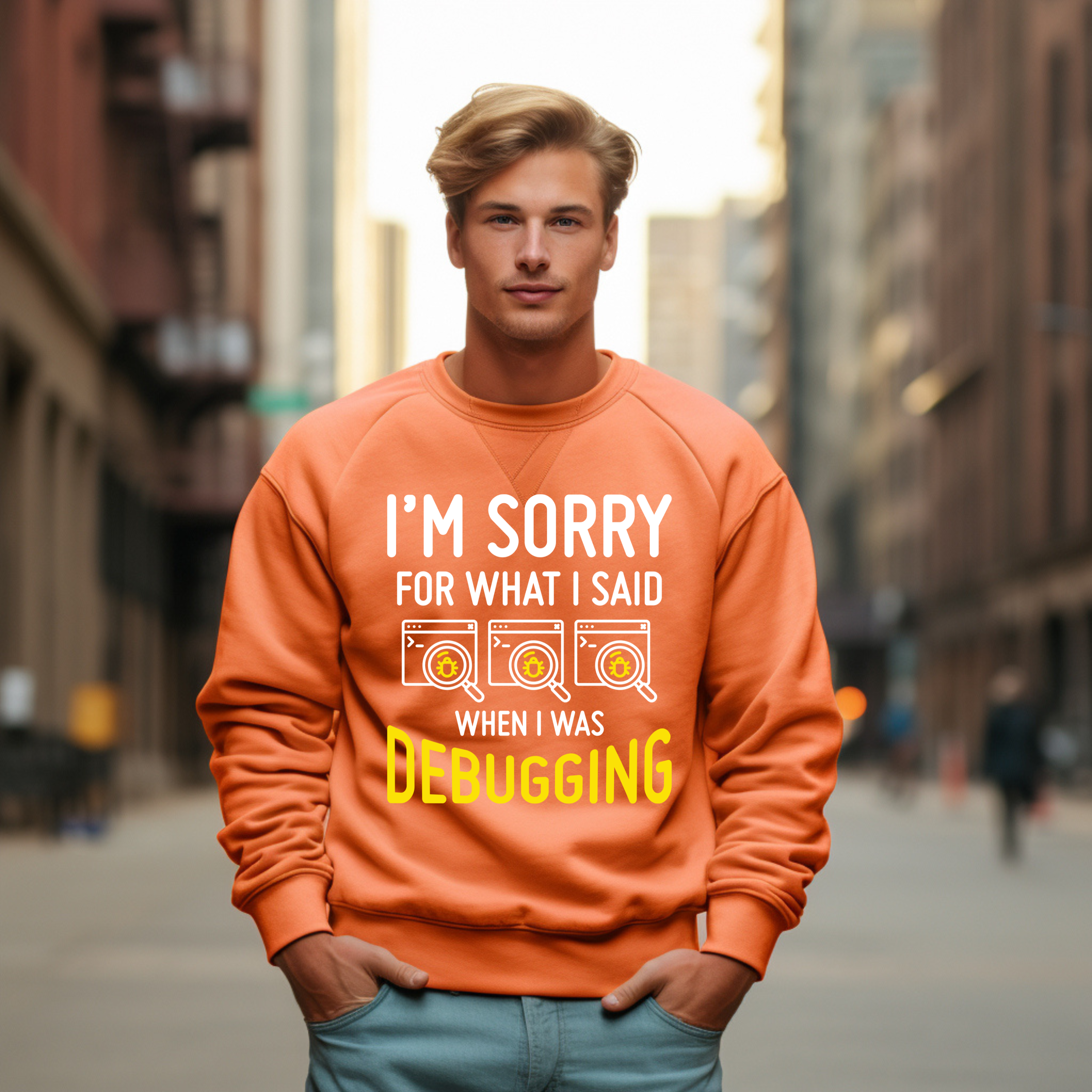 Debugging Crewneck Sweatshirt — Funny Programmer Sweatshirt with Yellow Code Icons